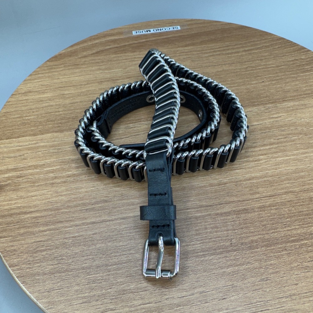 Banana Republic Chain Link Leather Belt Medium Black Silver Punk Grunge Edgy